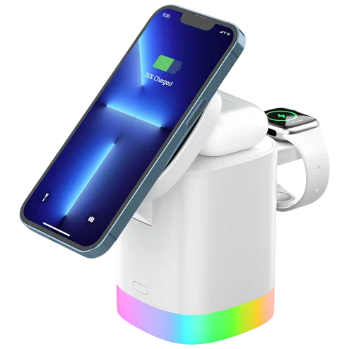 A multi-device wireless charging station featuring a smartphone, earbud case, and smartwatch, with a color-changing LED base.