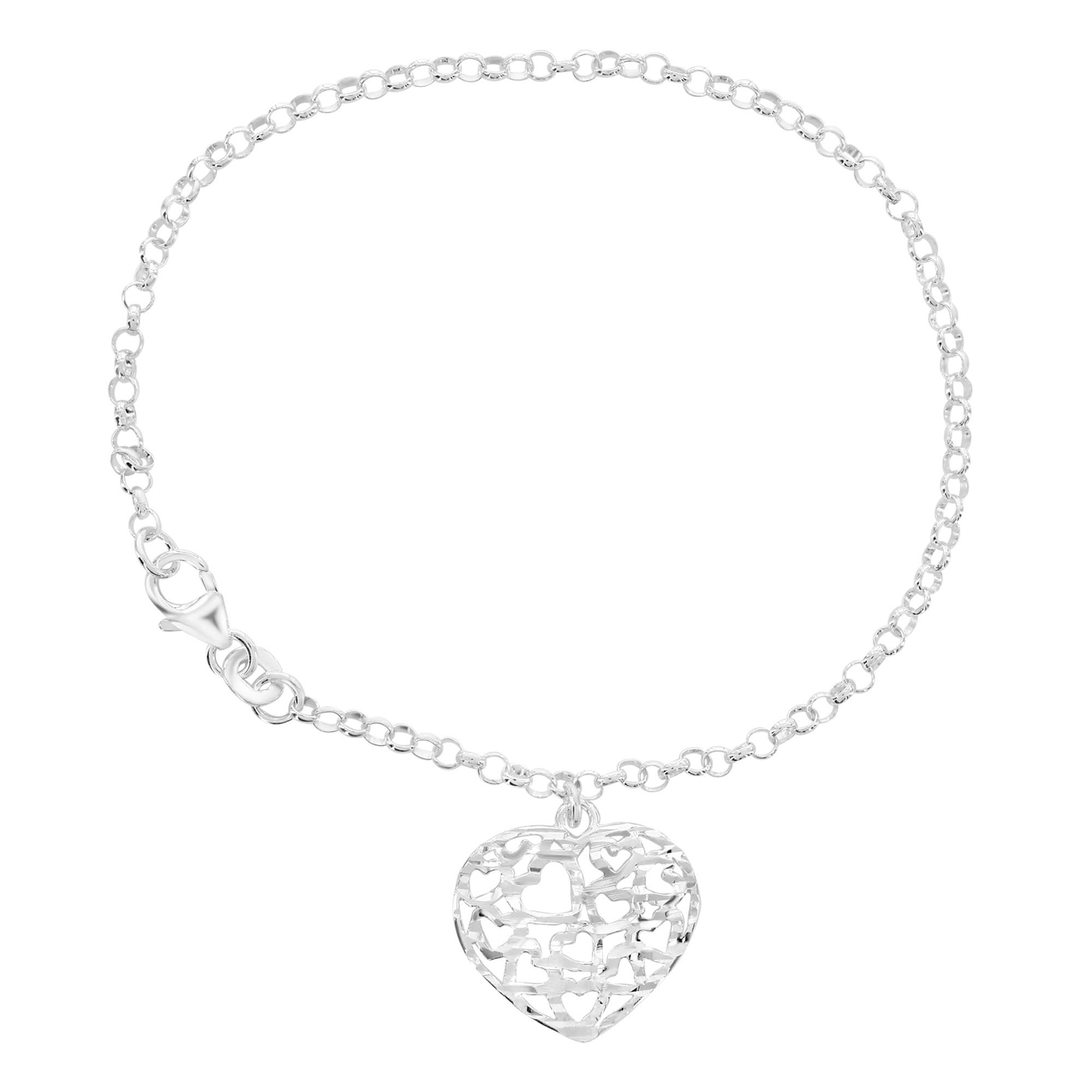 Silver chain bracelet featuring a heart-shaped, filigree charm with small heart cutouts.