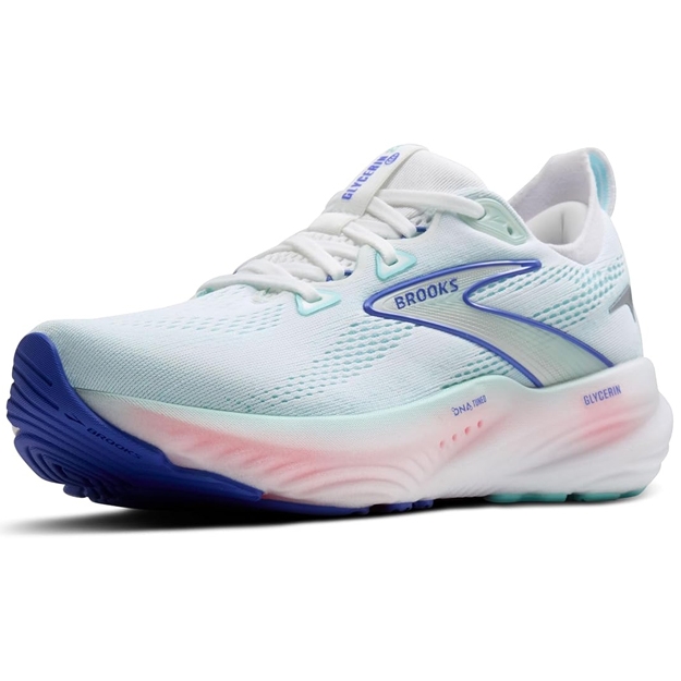 Brooks Glycerin 22 Women's Running Shoes feature a white mesh upper with gradient blue and pink accents, offering a sleek and cushioned design. They include DNA Loft technology for a soft, comfortable ride and a supportive fit.