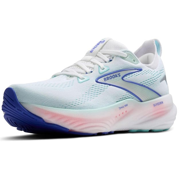 Brooks Glycerin 22 Women's Running Shoes feature a white mesh upper with gradient blue and pink accents, offering a sleek and cushioned design. They include DNA Loft technology for a soft, comfortable ride and a supportive fit.