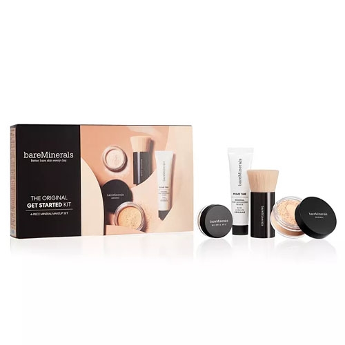 bareMinerals Get Started Kit includes foundation, primer, finishing powder, and a brush. The packaging shows the brand logo and a demonstration of the kit's contents.
