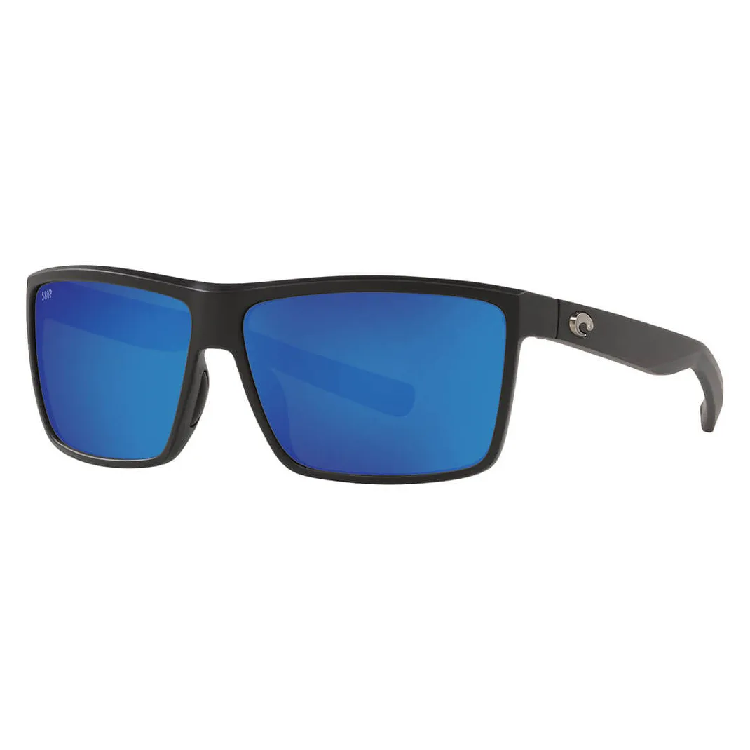 A pair of black-framed sunglasses with blue tinted lenses.