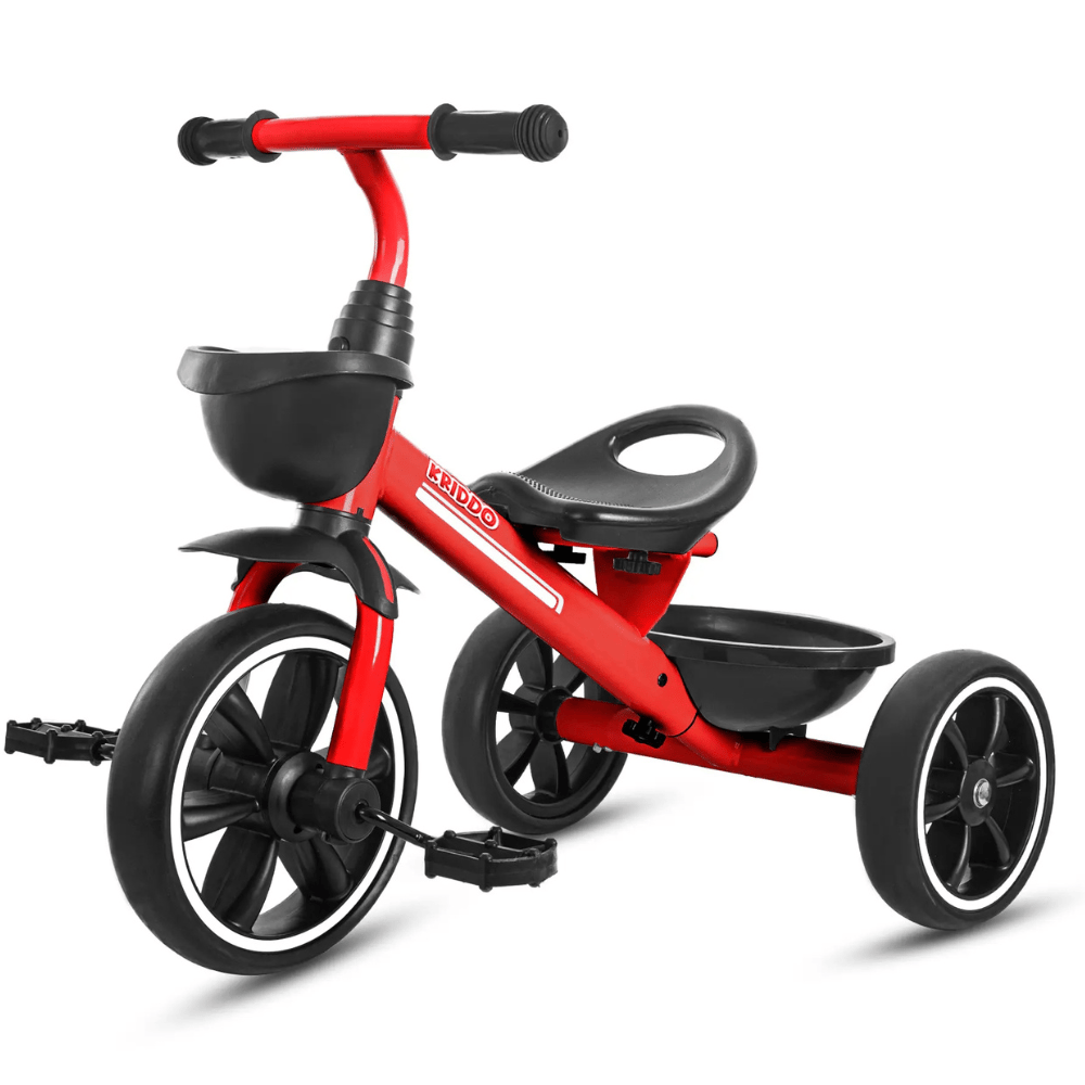Red children's tricycle with a front basket, designed for stability with a sturdy frame and three wheels. Features include adjustable seat and pedals.