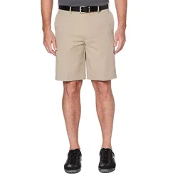 Men's khaki golf shorts featuring a straight cut, knee-length design with belt loops, front pockets, and a black belt. Paired with black laced shoes and a dark polo shirt.