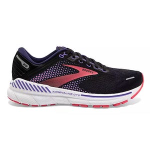 Brooks Adrenaline GTS 22 running shoe in black with purple and pink accents, featuring a cushioned sole and the brand's logo.