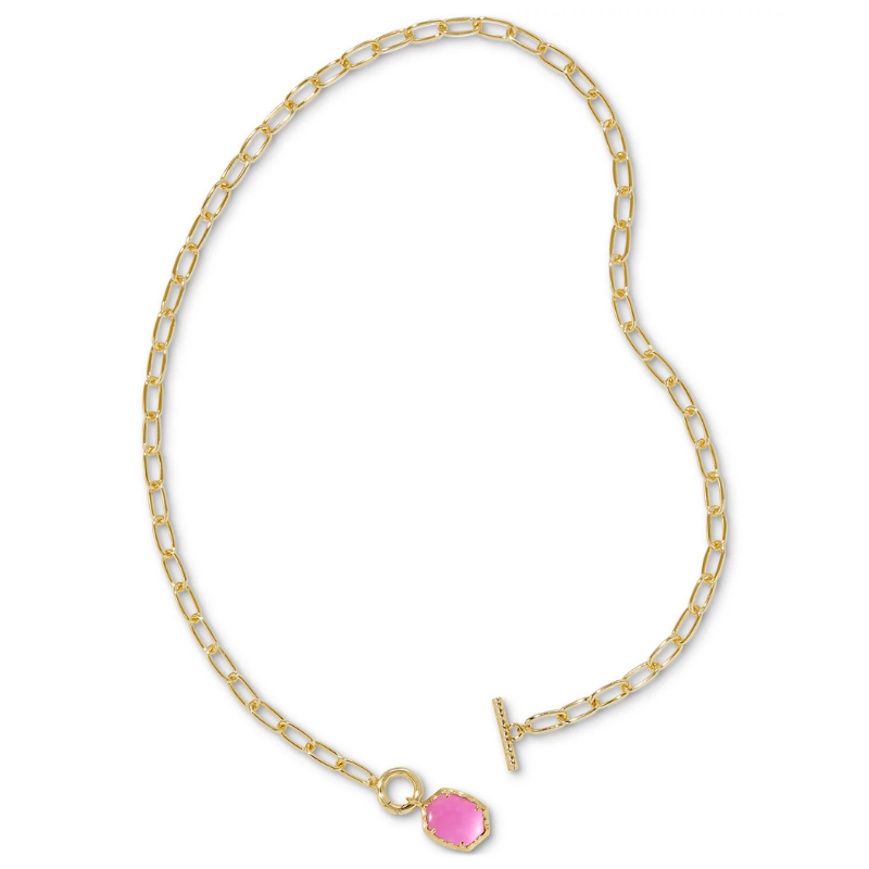 Gold-plated chain necklace featuring a pink stone pendant and a toggle clasp.