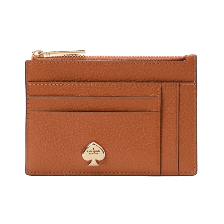 A brown leather cardholder with multiple slots and a gold zipper, featuring a spade-shaped logo that reads \“kate spade new york.\“