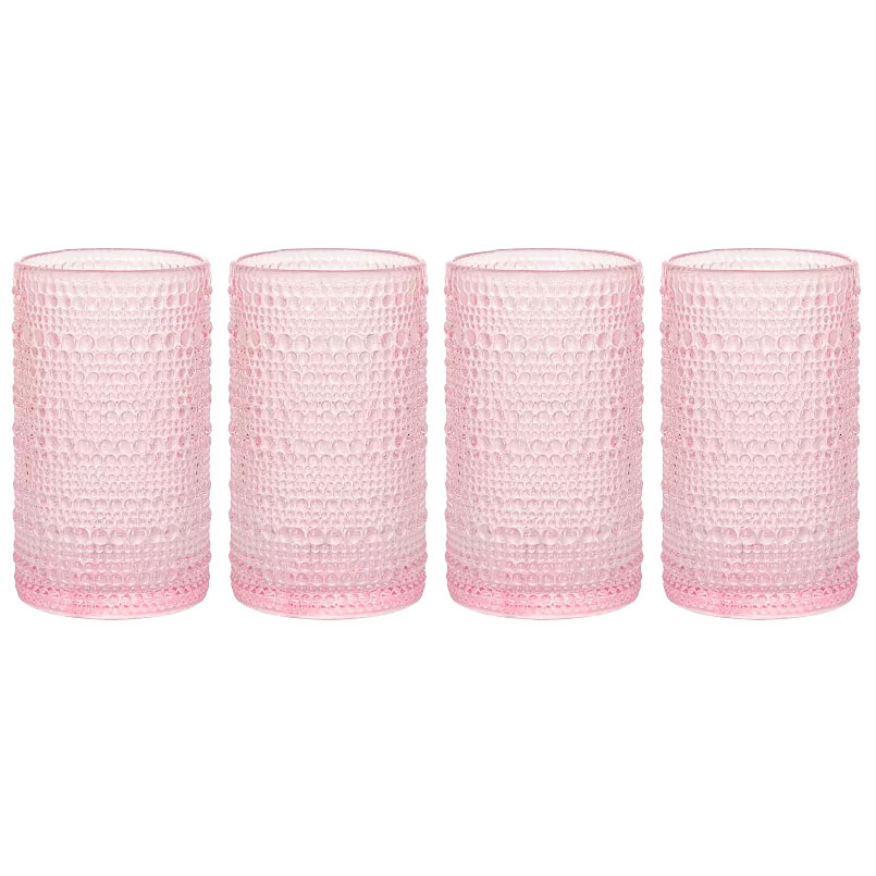 Set of four pink beaded glassware pieces with a textured surface, featuring a cylindrical shape ideal for beverages.
