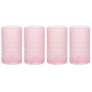 Set of four pink beaded glassware pieces with a textured surface, featuring a cylindrical shape ideal for beverages.