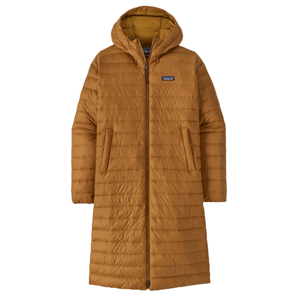 The Patagonia Down Sweater Parka is a long, insulated coat in a brown color, featuring a hood, full front zipper, and quilted design with two front pockets.