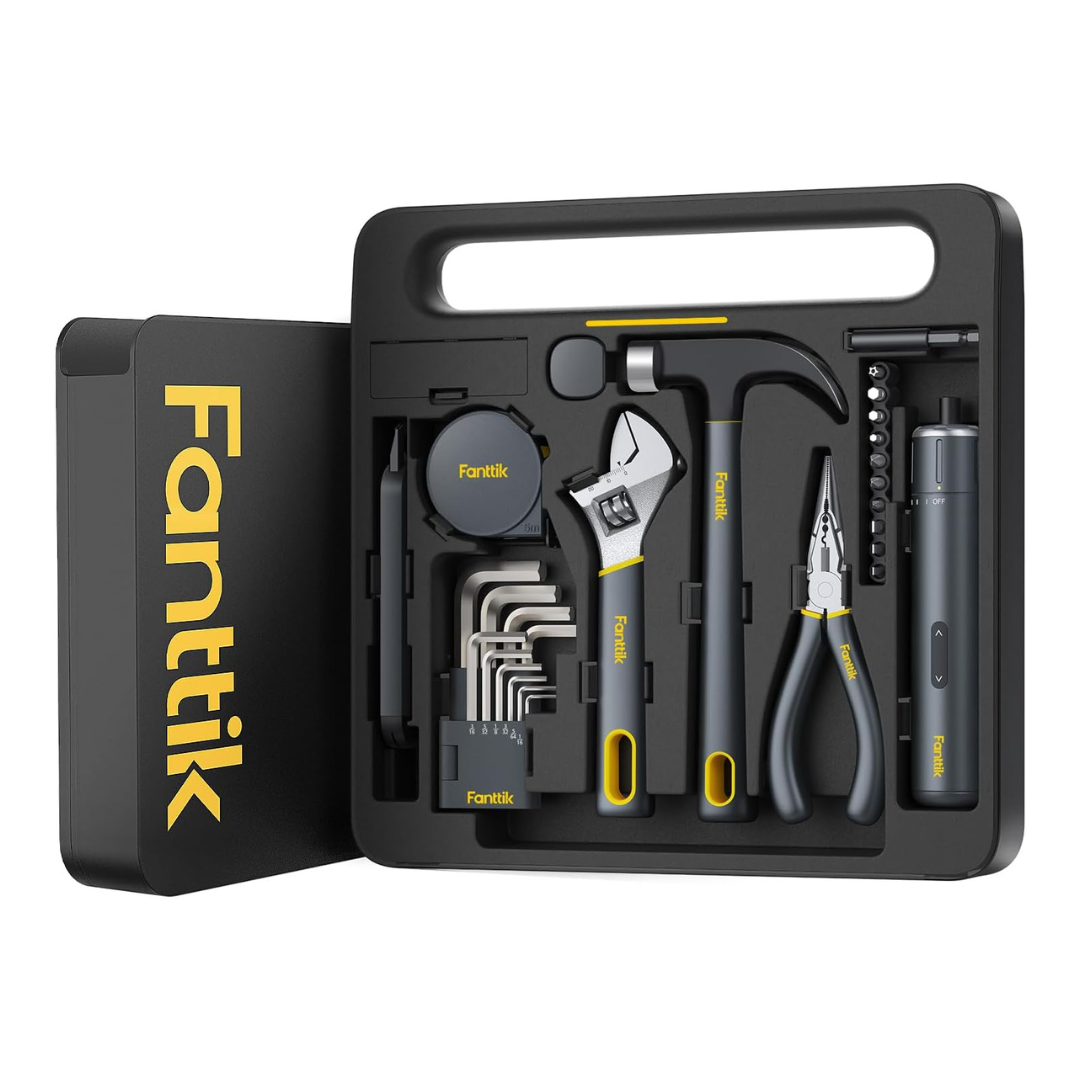 A Fanttik tool kit includes a tape measure, adjustable wrench, hammer, pliers, L-shaped hex keys, screwdriver with bits, and an electric tool in a compact carrying case.