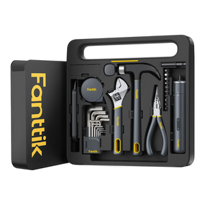 A Fanttik tool kit includes a tape measure, adjustable wrench, hammer, pliers, L-shaped hex keys, screwdriver with bits, and an electric tool in a compact carrying case.