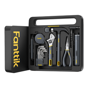 A Fanttik tool kit includes a tape measure, adjustable wrench, hammer, pliers, L-shaped hex keys, screwdriver with bits, and an electric tool in a compact carrying case.
