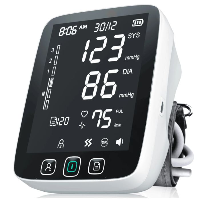 A digital blood pressure monitor with readings showing 123 mmHg systolic, 86 mmHg diastolic, and 75 bpm pulse rate. It features a large display and buttons for user selection, memory, and power.