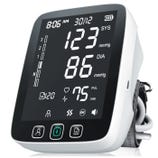 A digital blood pressure monitor with readings showing 123 mmHg systolic, 86 mmHg diastolic, and 75 bpm pulse rate. It features a large display and buttons for user selection, memory, and power.