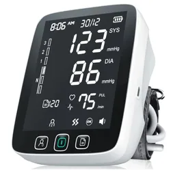 A digital blood pressure monitor with readings showing 123 mmHg systolic, 86 mmHg diastolic, and 75 bpm pulse rate. It features a large display and buttons for user selection, memory, and power.