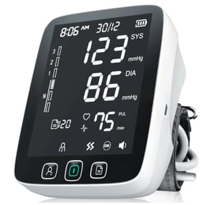 A digital blood pressure monitor with readings showing 123 mmHg systolic, 86 mmHg diastolic, and 75 bpm pulse rate. It features a large display and buttons for user selection, memory, and power.