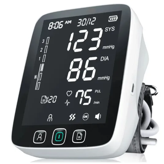 A digital blood pressure monitor with readings showing 123 mmHg systolic, 86 mmHg diastolic, and 75 bpm pulse rate. It features a large display and buttons for user selection, memory, and power.