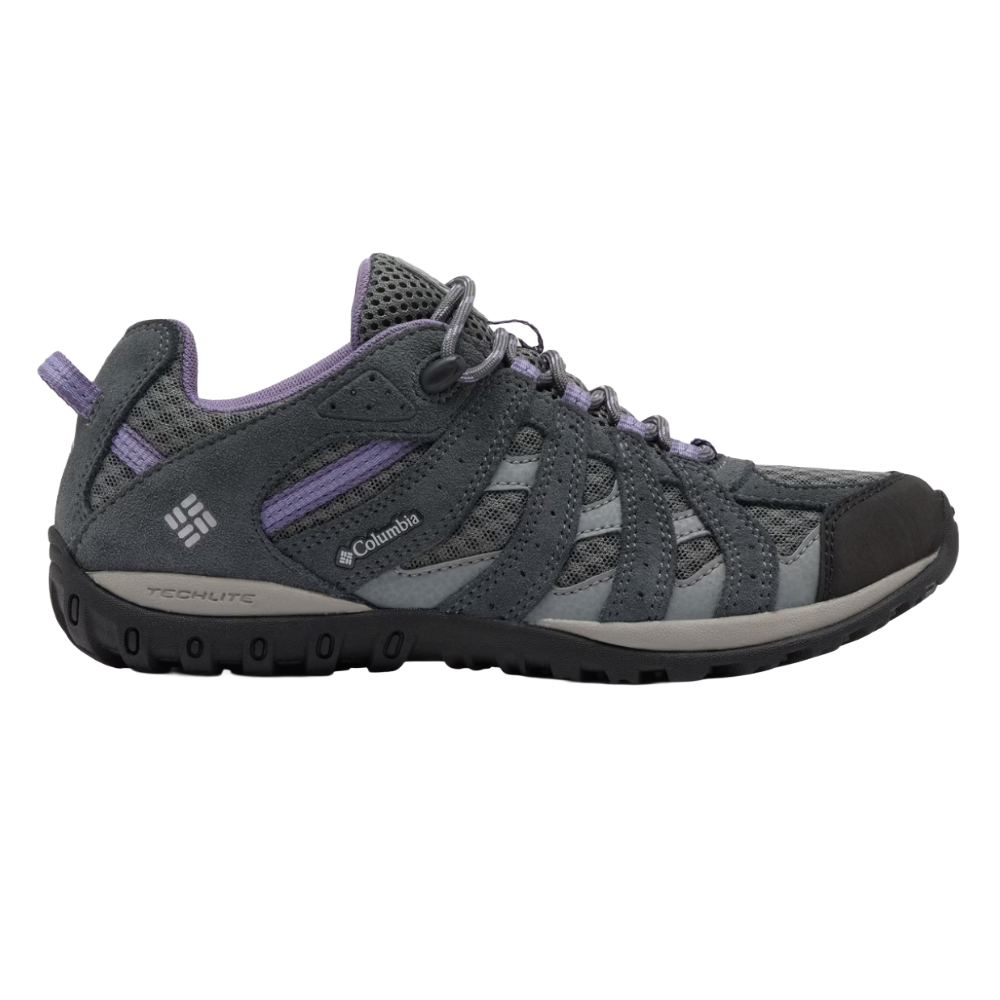 A grey and purple Columbia hiking shoe with mesh panels and Techlite technology, designed for outdoor activities.