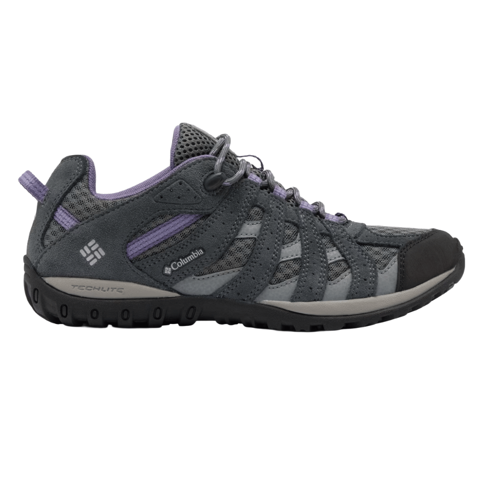 A grey and purple Columbia hiking shoe with mesh panels and Techlite technology, designed for outdoor activities.