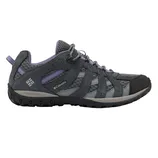 A grey and purple Columbia hiking shoe with mesh panels and Techlite technology, designed for outdoor activities.