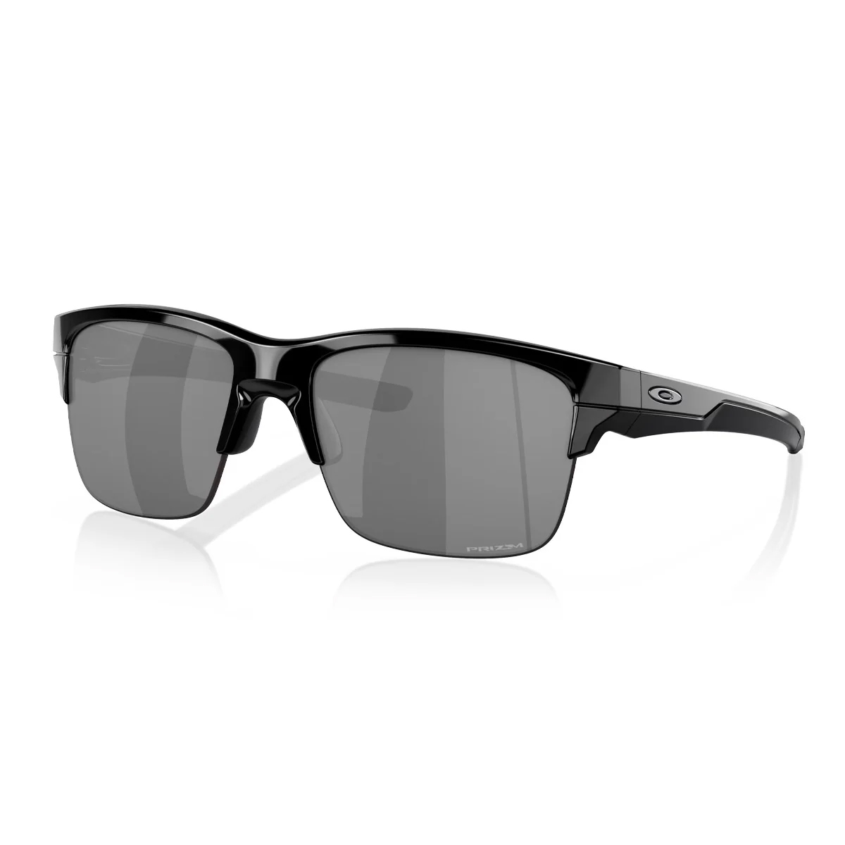 Black framed sunglasses with gray lenses and a small logo on the hinge.
