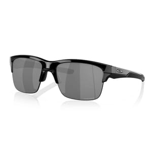 Black framed sunglasses with gray lenses and a small logo on the hinge.