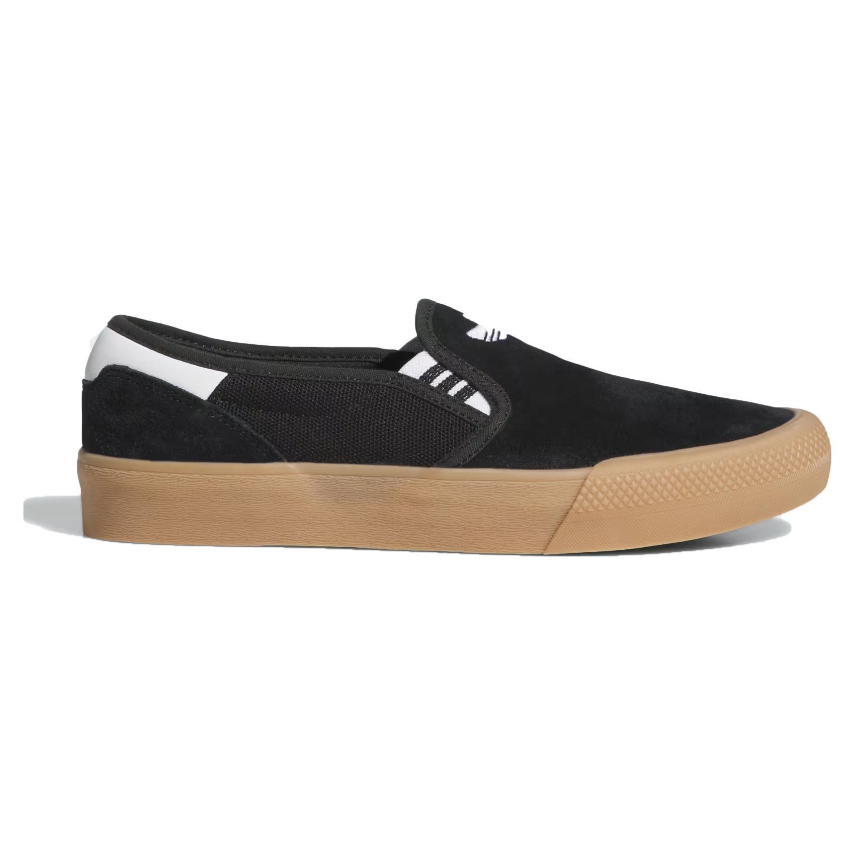 Adidas Shmoofoil Sneaker Slip-Ons feature a black suede upper with white detailing, a gum rubber sole, slip-on design, and distinctive three-stripe accent on the side.