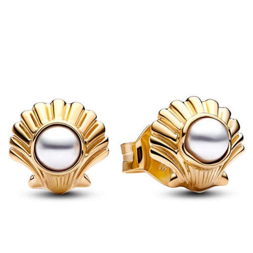Gold shell-shaped stud earrings featuring a central pearl design.