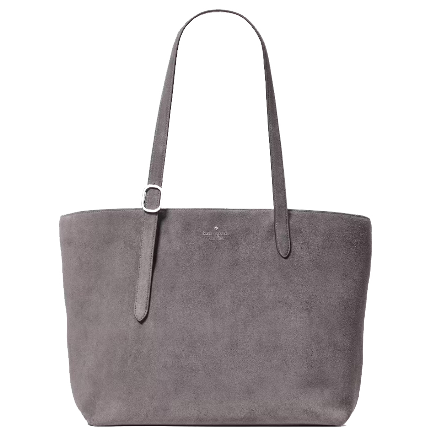 A gray suede tote bag with adjustable shoulder straps and a subtle embossed logo at the top center.