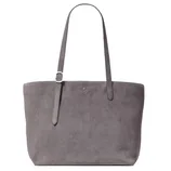 A gray suede tote bag with adjustable shoulder straps and a subtle embossed logo at the top center.