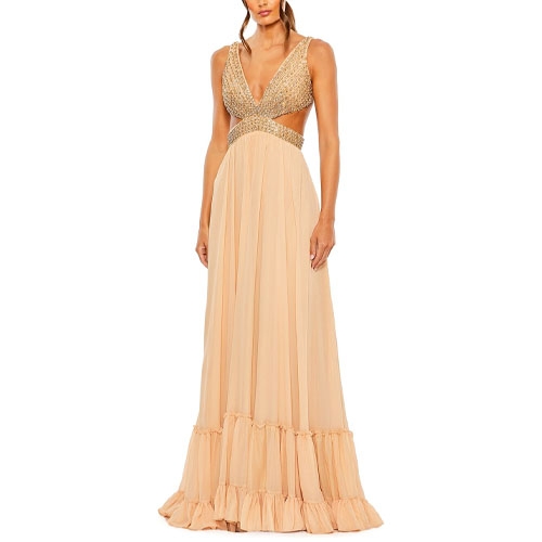 A floor-length gown featuring a plunging neckline with rhinestone embellishments and side cut-outs, styled with a lace-up back and a tiered, ruffled hem in a soft neutral tone.