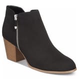 Black ankle boot with a side zipper and block heel, featuring a wooden texture on the heel and tan trim.
