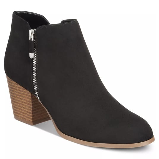 Black ankle boot with a side zipper and block heel, featuring a wooden texture on the heel and tan trim.