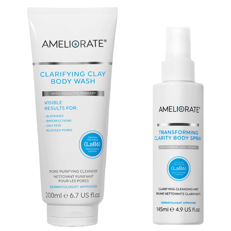 AMELIORATE Clarifying Clay Body Wash and Transforming Clarity Body Spray are both designed to address blemishes, imperfections, oily skin, and blocked pores.