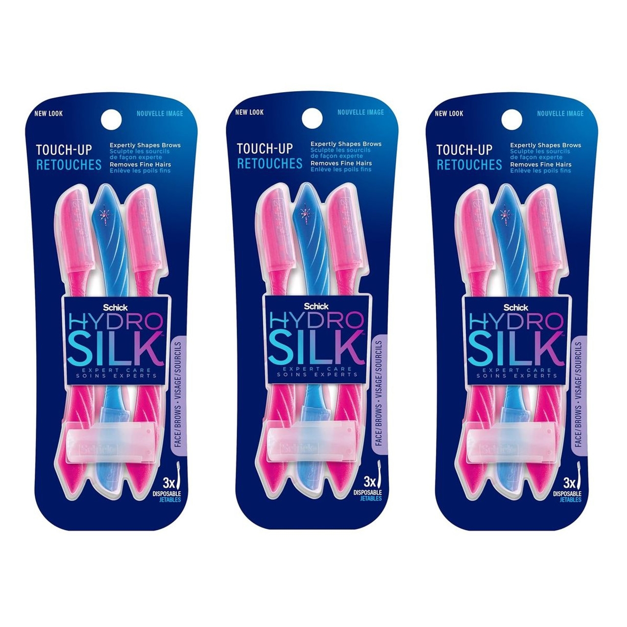 15pk Schick Hydro Silk Touch-Up Razors expertly shape brows, remove fine hairs, and include 3 disposable razors per pack with protective caps.