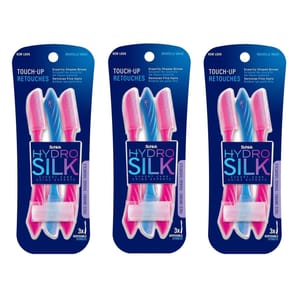15pk Schick Hydro Silk Touch-Up Razors expertly shape brows, remove fine hairs, and include 3 disposable razors per pack with protective caps.
