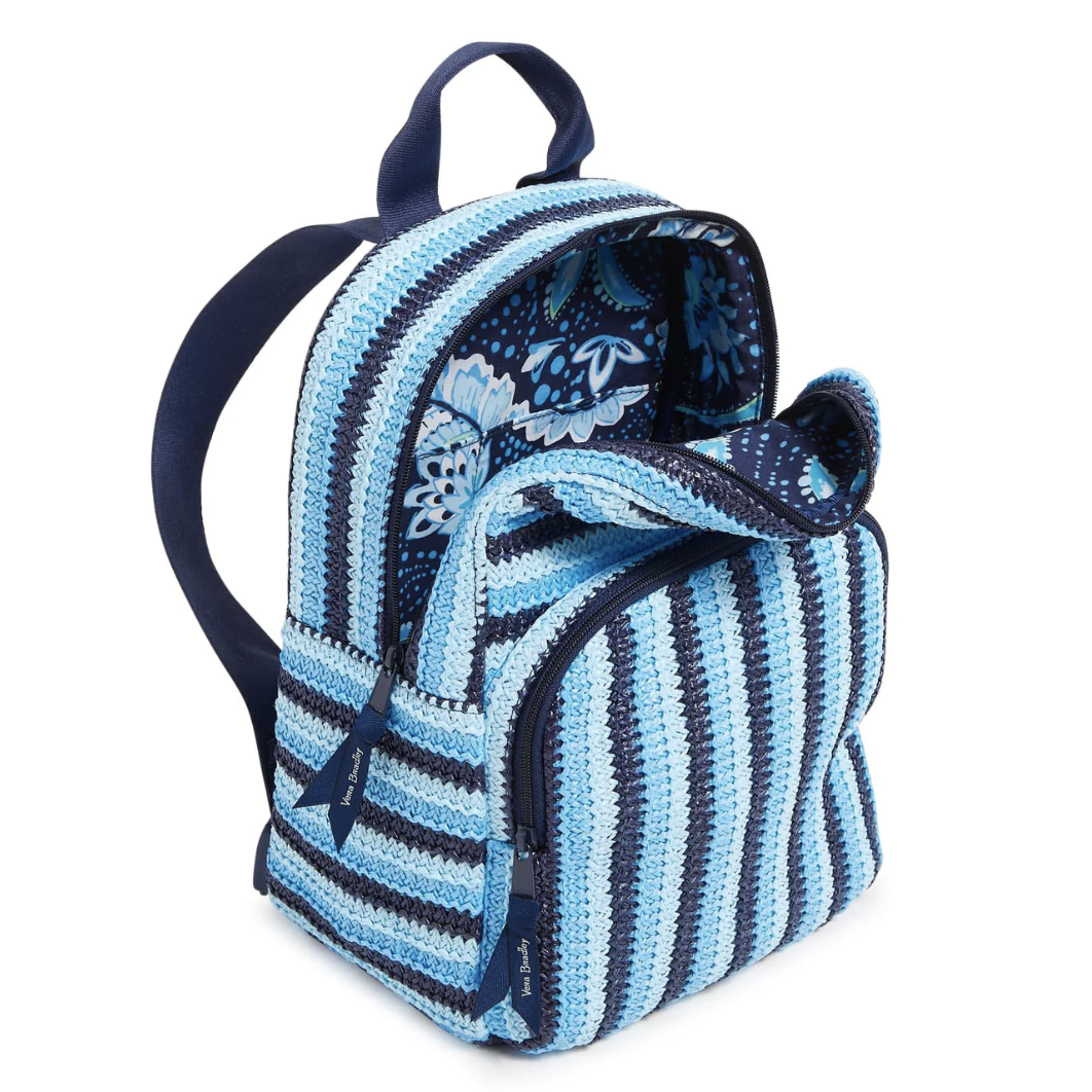 A blue and navy striped backpack with floral-patterned interior, featuring two zippered compartments and adjustable shoulder straps.