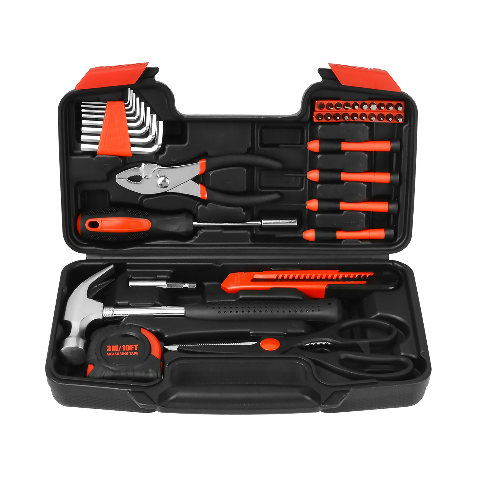 A compact tool kit containing a hammer, scissors, a utility knife, screwdrivers, an adjustable wrench, a measuring tape (3m/10ft), pliers, hex keys, and screwdriver bits in a hard case, accented with red and black colors.