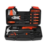 A compact tool kit containing a hammer, scissors, a utility knife, screwdrivers, an adjustable wrench, a measuring tape (3m/10ft), pliers, hex keys, and screwdriver bits in a hard case, accented with red and black colors.