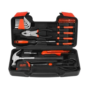 A compact tool kit containing a hammer, scissors, a utility knife, screwdrivers, an adjustable wrench, a measuring tape (3m/10ft), pliers, hex keys, and screwdriver bits in a hard case, accented with red and black colors.