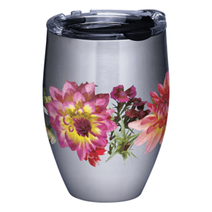 Stainless steel tumbler with a floral design featuring vibrant pink, yellow, and orange flowers, and a clear plastic lid with a sliding closure.