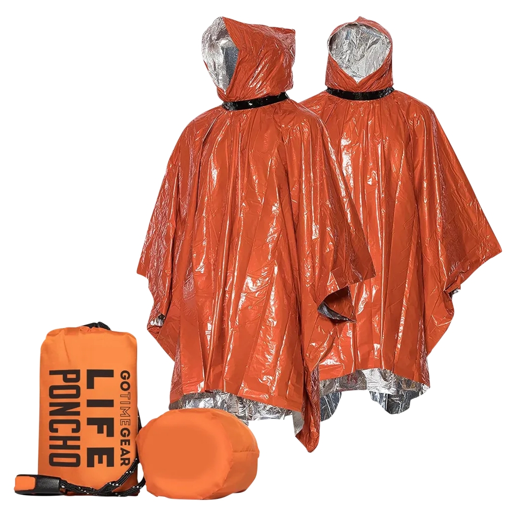 Two orange ponchos with hoods and a reflective interior are displayed, alongside a compact carrying case. The ponchos are waterproof and designed for emergency use.