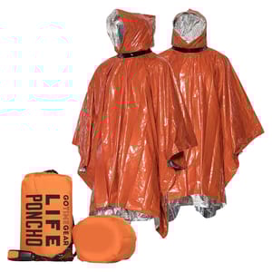 Two orange ponchos with hoods and a reflective interior are displayed, alongside a compact carrying case. The ponchos are waterproof and designed for emergency use.