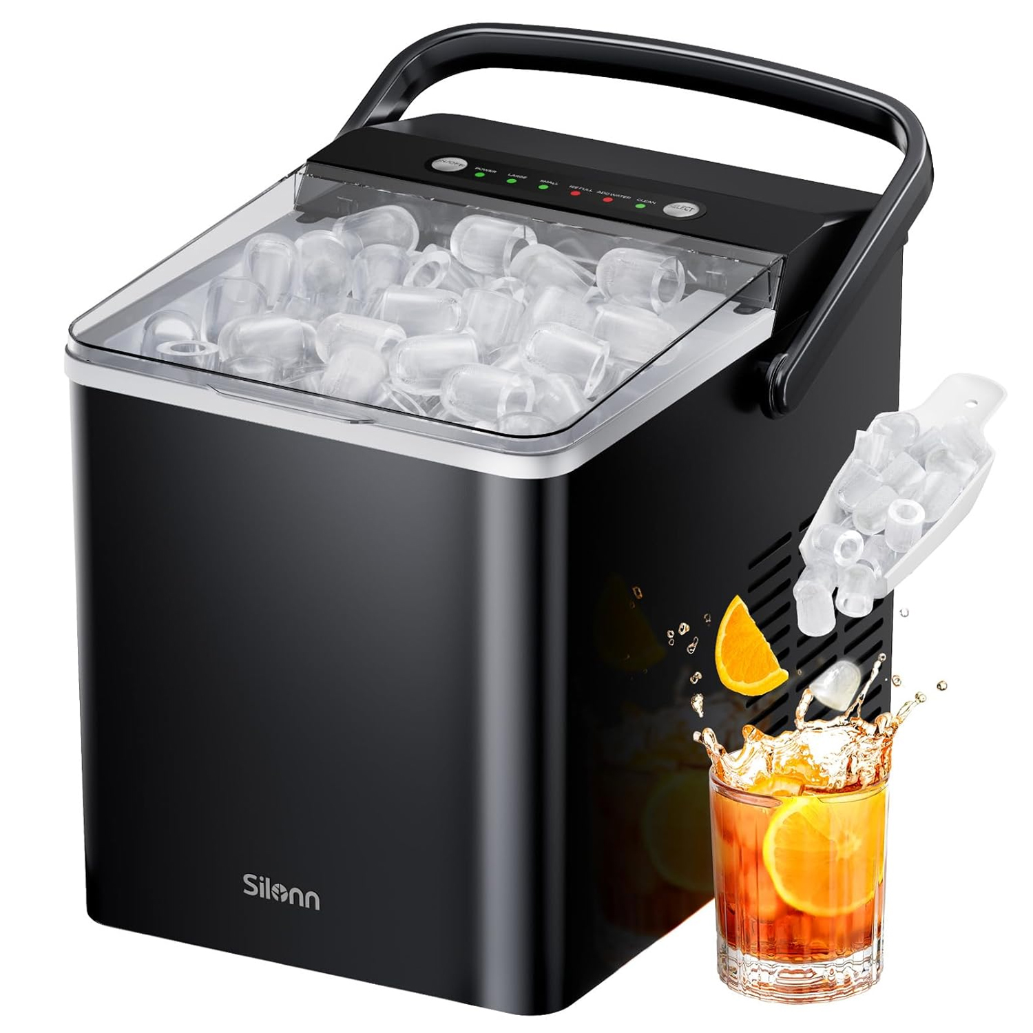 Black portable ice maker with a transparent lid, displaying clear ice cubes inside. It features a scoop on the side and is shown with a glass of iced beverage with orange slices.