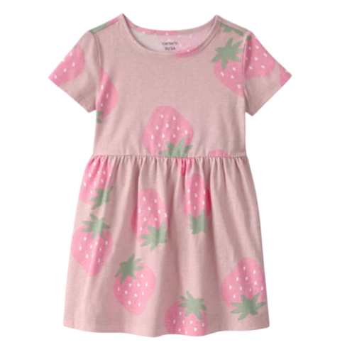 Pink short-sleeve dress with a strawberry print pattern featuring green leaves and white seeds.