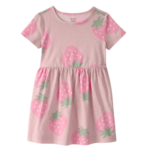 Pink short-sleeve dress with a strawberry print pattern featuring green leaves and white seeds.