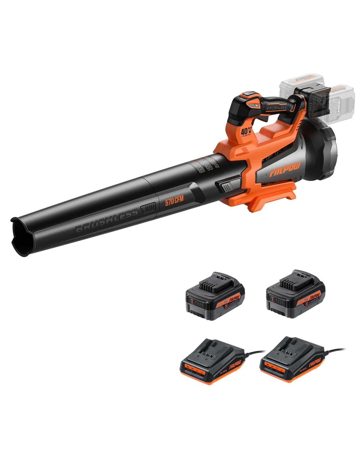 Cordless leaf blower with two batteries and a charger.