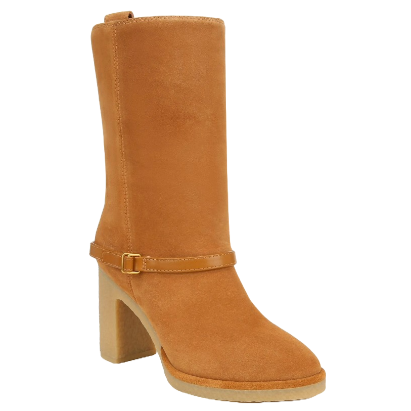 Tan suede mid-calf boot with a block heel and decorative strap featuring a small buckle.