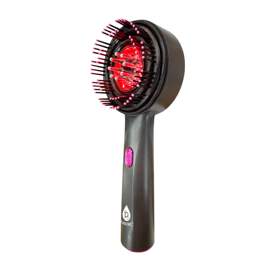 A handheld pet grooming brush with a built-in red light feature, designed for easy detangling and possibly therapeutic benefits.